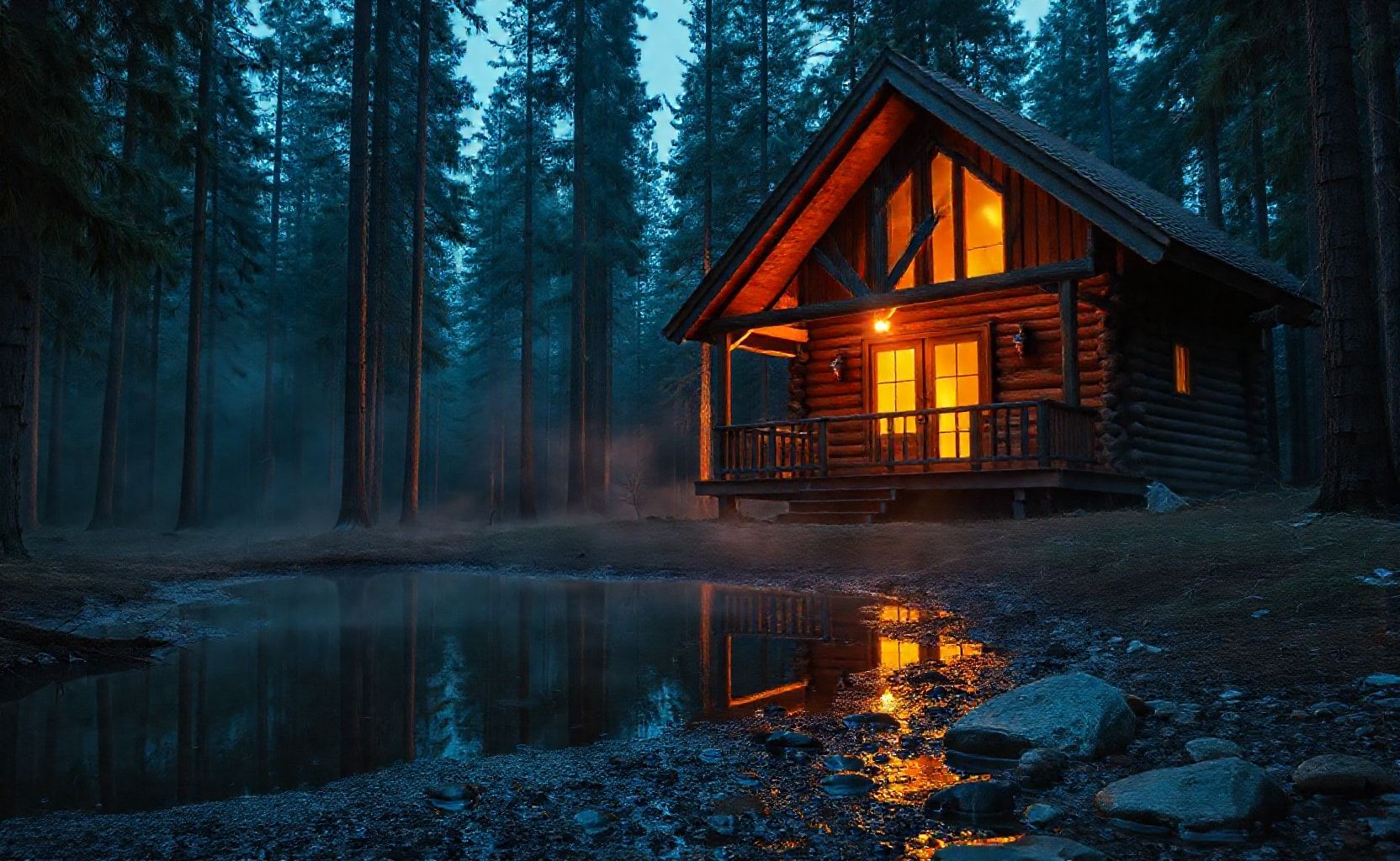 A cozy wooden cabin in the middle of a dense pine forest at dusk. Warm yellow lights glow through the windows and porch of the cabin, casting beautiful reflections on the still water puddle in the foreground. Mist gently floats among the tall pine trees, blending a cool blue twilight atmosphere with the warm orange glow of the cabin. The wooden textures, roof shingles, forest floor with raindrops, and stones near the water are highly detailed. Cinematic lighting, ultra-realistic, hyper-detailed textures, photorealistic 8K, dramatic composition, professional photography style, atmospheric, moody, and immersive.
