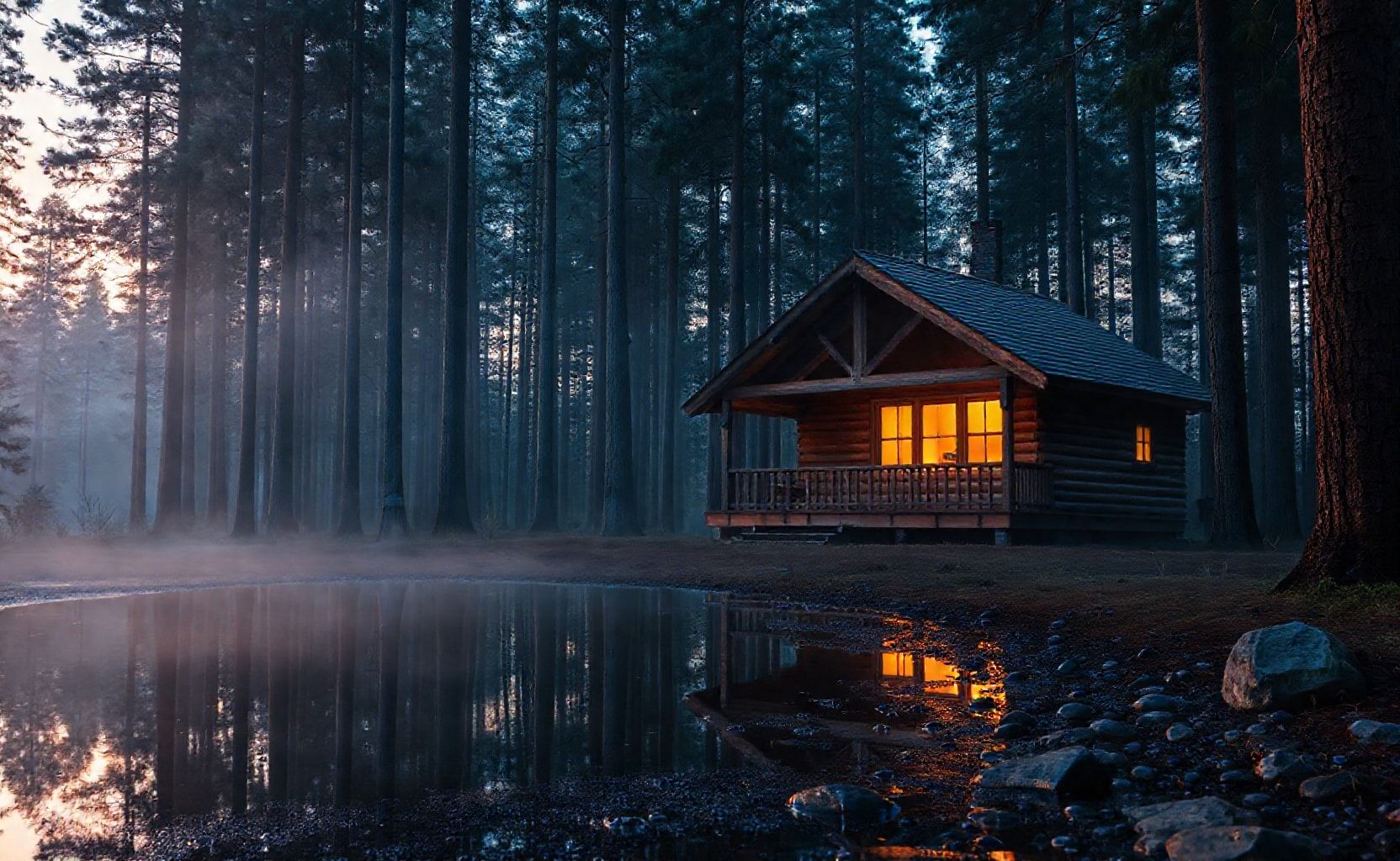 A cozy wooden cabin in the middle of a dense pine forest at dusk. Warm yellow lights glow through the windows and porch of the cabin, casting beautiful reflections on the still water puddle in the foreground. Mist gently floats among the tall pine trees, blending a cool blue twilight atmosphere with the warm orange glow of the cabin. The wooden textures, roof shingles, forest floor with raindrops, and stones near the water are highly detailed. Cinematic lighting, ultra-realistic, hyper-detailed textures, photorealistic 8K, dramatic composition, professional photography style, atmospheric, moody, and immersive.