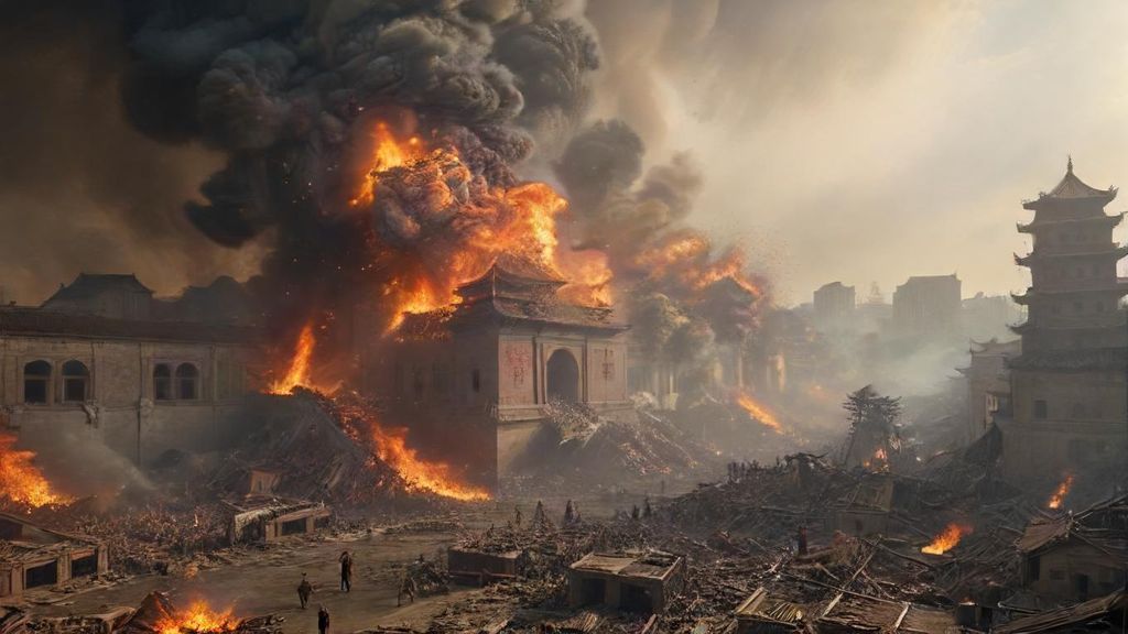 A city is destroyed, a reference to a city in a Chinese kung fu film, with fires raging everywhere. People are panicking and fleeing.