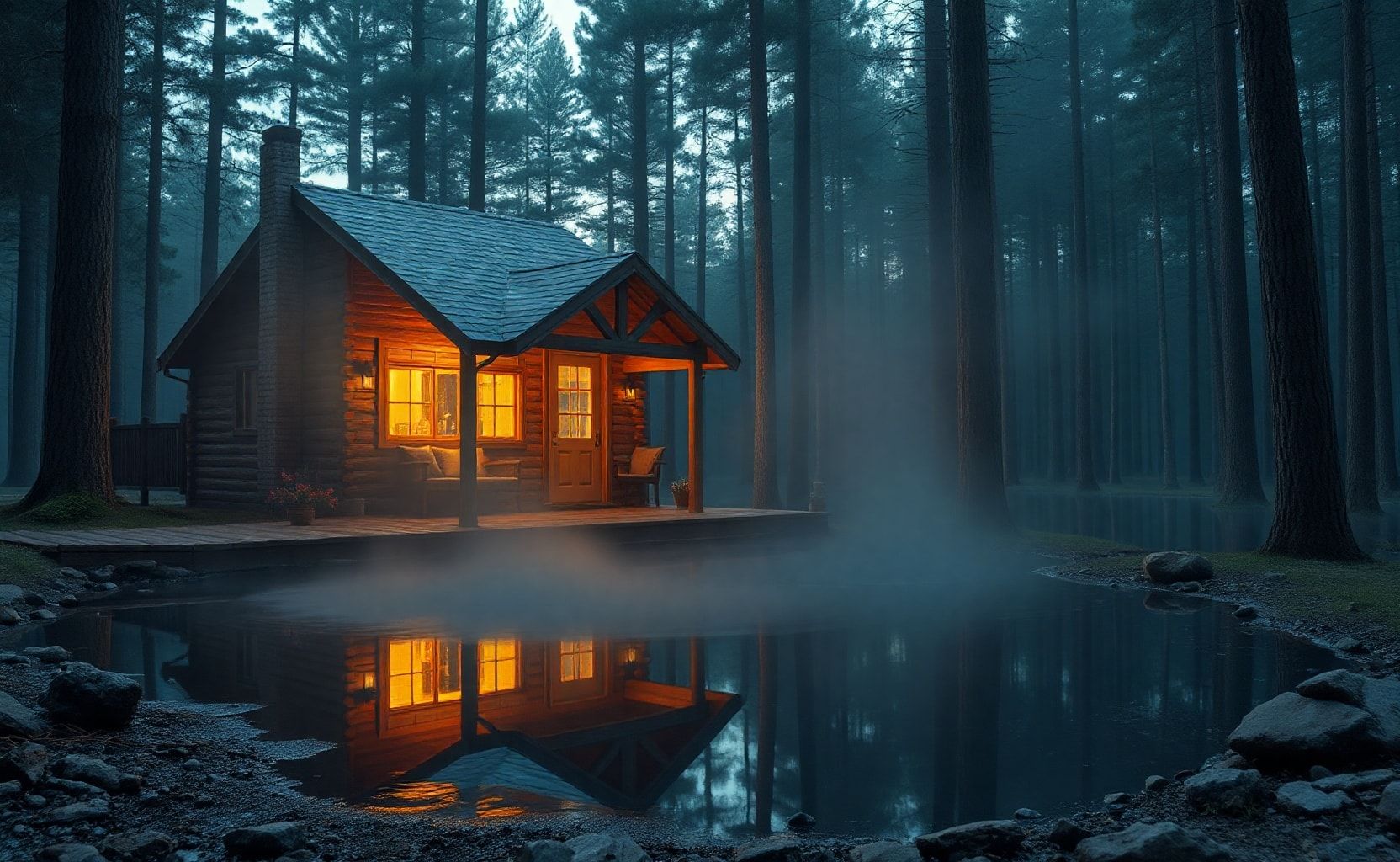 A cozy wooden cabin in the middle of a dense pine forest at dusk. Warm yellow lights glow through the windows and porch of the cabin, casting beautiful reflections on the still water puddle in the foreground. Mist gently floats among the tall pine trees, blending a cool blue twilight atmosphere with the warm orange glow of the cabin. The wooden textures, roof shingles, forest floor with raindrops, and stones near the water are highly detailed. Cinematic lighting, ultra-realistic, hyper-detailed textures, photorealistic 8K, dramatic composition, professional photography style, atmospheric, moody, and immersive.