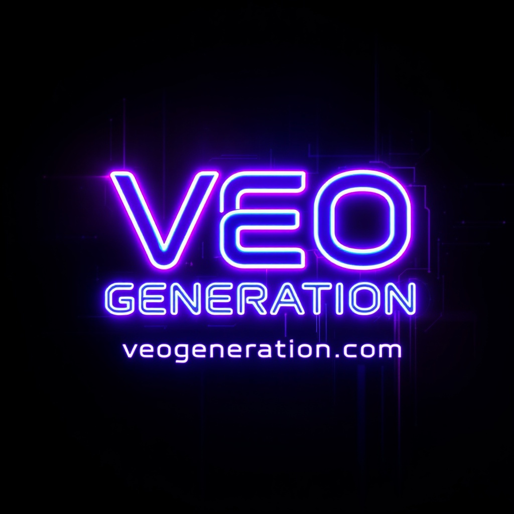 A stunning neon logo design with glowing purple and blue colors, futuristic cyberpunk style. The text "VEO GENERATION" in bold, modern typography, illuminated like a neon sign on a dark background. Add subtle neon reflections and glow effects for depth. Place the website URL veogeneration.com below in a smaller, clean, glowing font, matching the purple-blue neon theme. The overall look should be A futuristic neon logo design in glowing purple and electric blue. The bold text "VEO GENERATION" shines like a neon sign with soft glowing edges. The background is dark, enhancing the neon light. Below, the website URL veogeneration.com appears in a sleek minimal font, also glowing in purple-blue tones. Add light reflections and a slight cyberpunk atmosphere., modern, and very eye-catching.