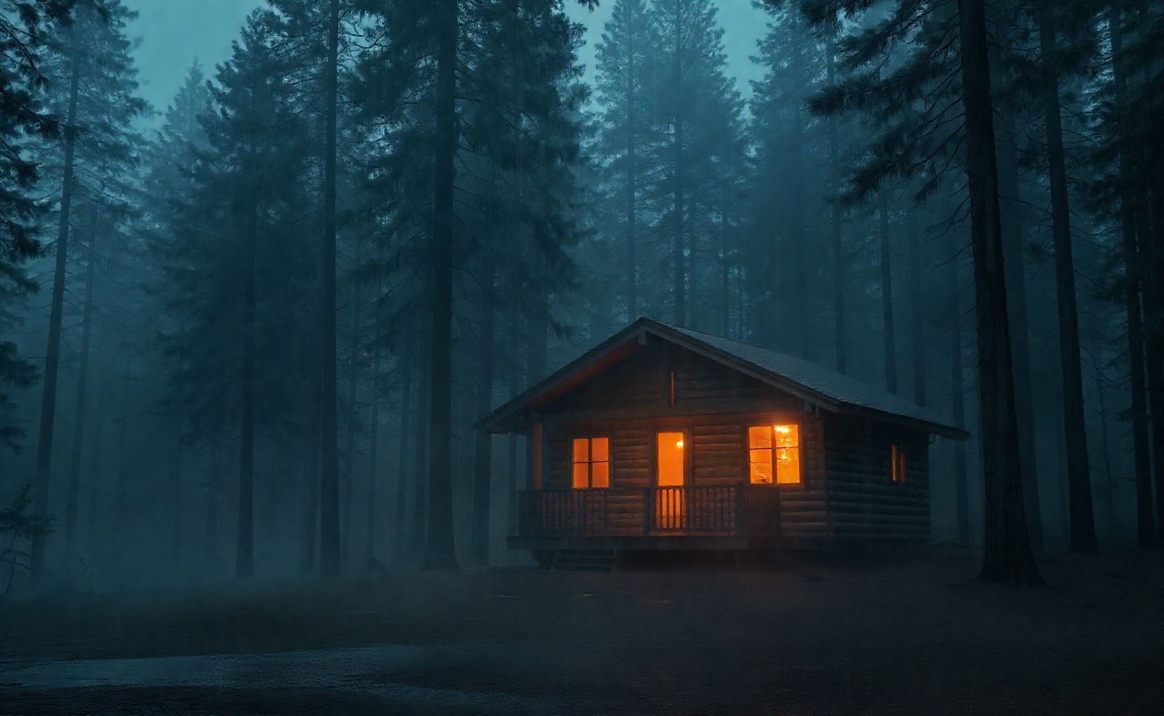 A cozy wooden cabin in a dense pine forest at twilight. Warm golden lights glow through the windows, illuminating the misty surroundings. Tall pine trees cast dramatic shadows in the foggy blue atmosphere. The ground is wet from rain, reflecting the orange cabin glow. Ultra-detailed wood textures, cinematic lighting, hyper-realistic, 8K photorealism, atmospheric, moody, professional photography style.