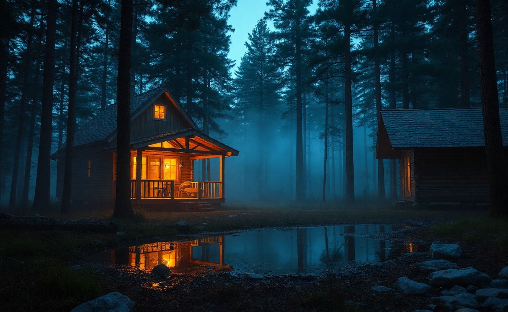 A cozy wooden cabin in the middle of a dense pine forest at dusk. Warm yellow lights glow through the windows and porch of the cabin, casting beautiful reflections on the still water puddle in the foreground. Mist gently floats among the tall pine trees, blending a cool blue twilight atmosphere with the warm orange glow of the cabin. The wooden textures, roof shingles, forest floor with raindrops, and stones near the water are highly detailed. Cinematic lighting, ultra-realistic, hyper-detailed textures, photorealistic 8K, dramatic composition, professional photography style, atmospheric, moody, and immersive.