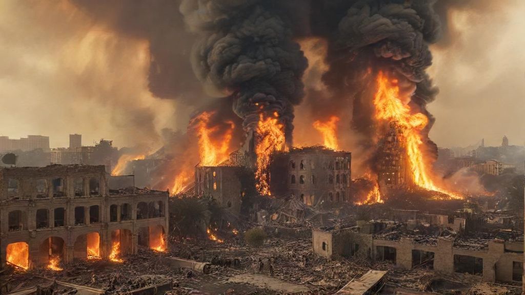 A city was in ruins, fires blazing everywhere. People were fleeing in panic.