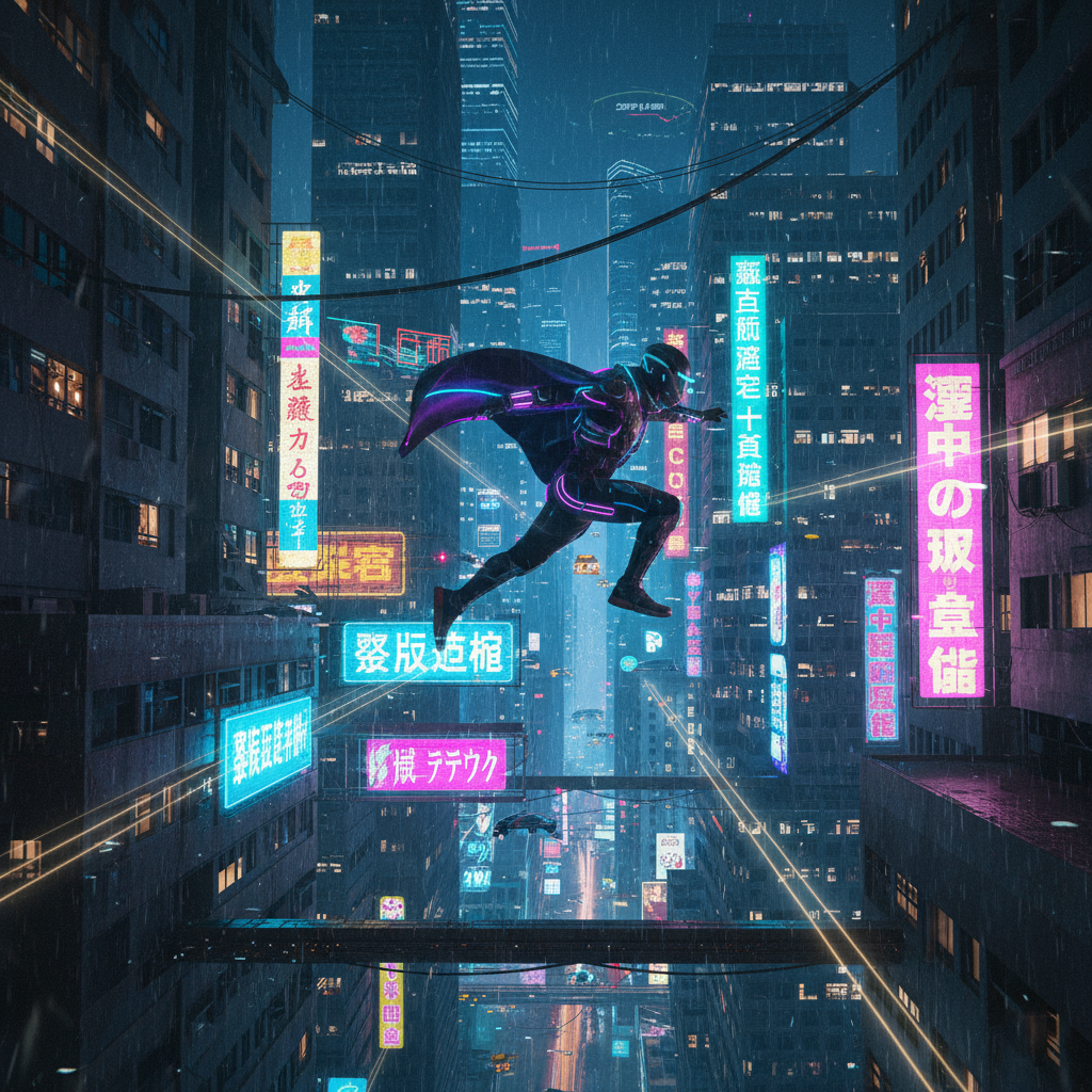 “Seorang atlet parkour melompat dari gedung ke gedung di malam hari, dengan kota penuh lampu neon di latar belakang. Kamera mengikuti dari drone shot, gaya sinematik cyberpunk, efek suara angin kencang dan musik elektronik tegang.”