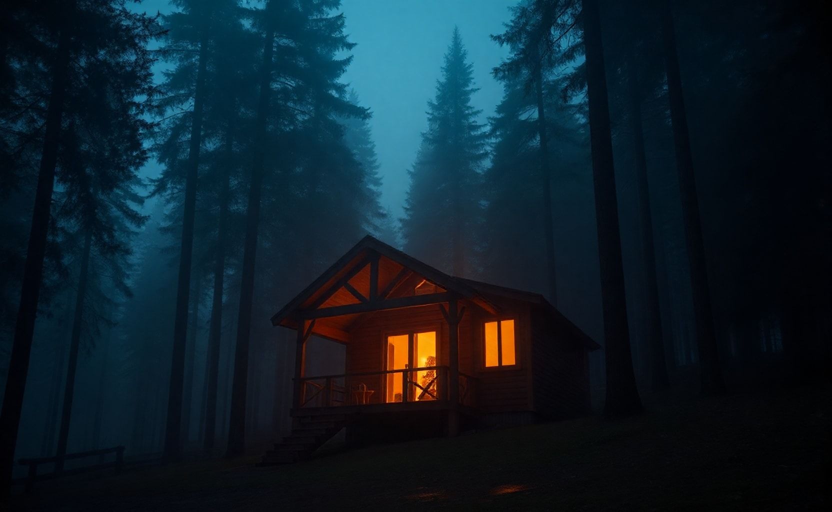 A cozy wooden cabin in a dense pine forest at twilight. Warm golden lights glow through the windows, illuminating the misty surroundings. Tall pine trees cast dramatic shadows in the foggy blue atmosphere. The ground is wet from rain, reflecting the orange cabin glow. Ultra-detailed wood textures, cinematic lighting, hyper-realistic, 8K photorealism, atmospheric, moody, professional photography style.