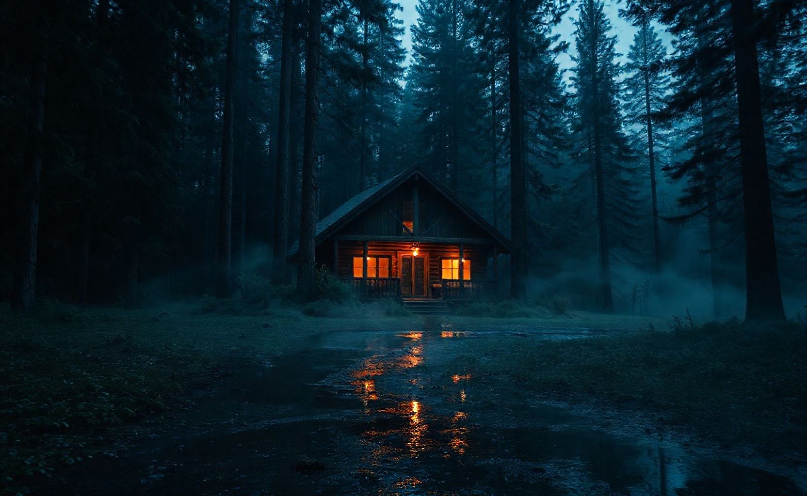 A cozy wooden cabin in the middle of a dense forest during twilight, surrounded by tall pine trees. Warm glowing lights shine from the windows and reflect beautifully on a wet ground after rain. Mist and fog fill the background, creating a mysterious and tranquil atmosphere. Cinematic photography, ultra-realistic, high detail, 16:9 aspect ratio, 8k resolution, dramatic lighting, peaceful and atmospheric mood.