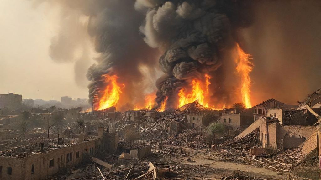 A city was in ruins, fires blazing everywhere. People were fleeing in panic.