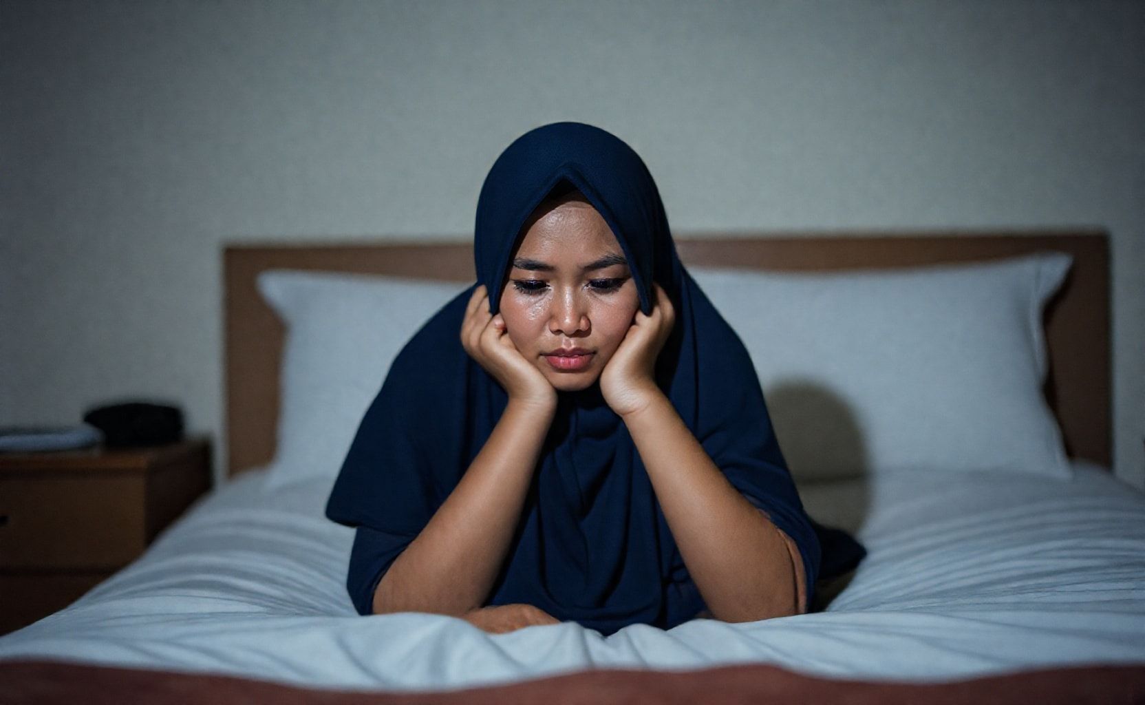 Rina is A Indonesian women using hijab sit on the bed. Sad expression, at the night
