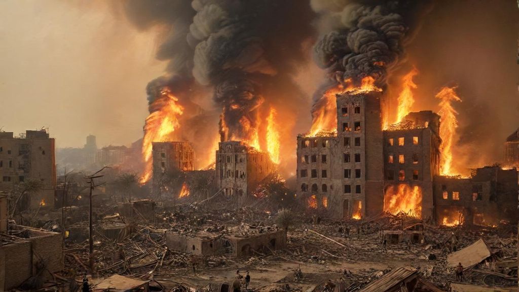 A city was in ruins, fires blazing everywhere. People were fleeing in panic.