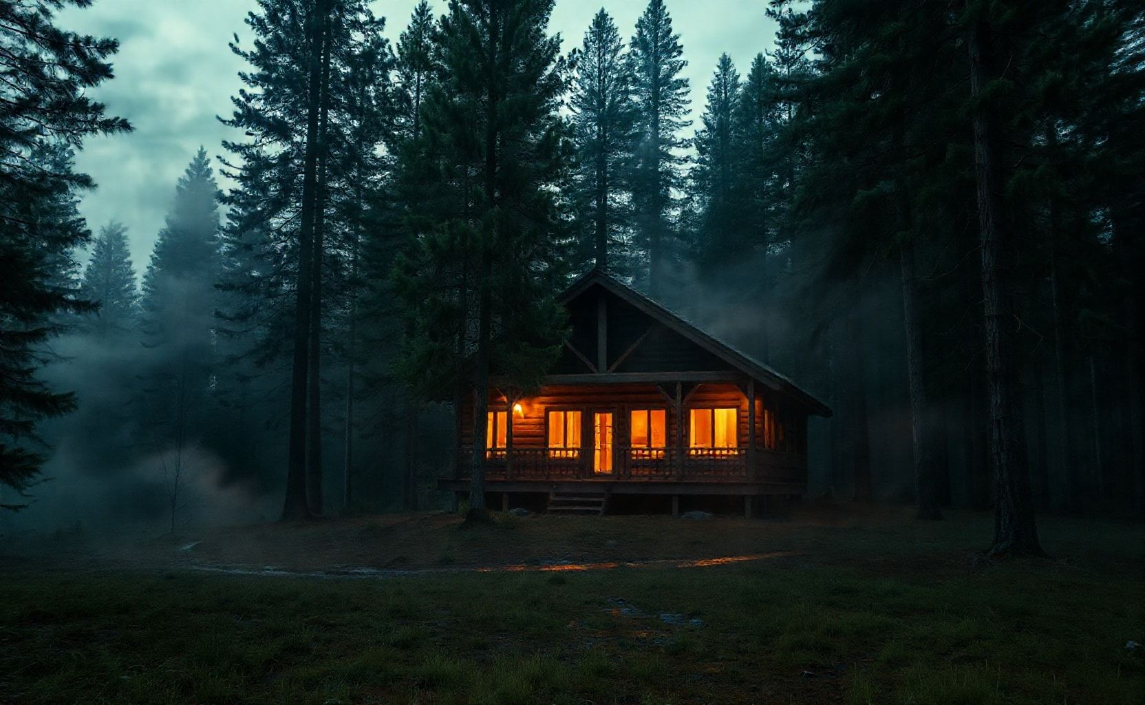 A cozy wooden cabin in the middle of a dense forest during twilight, surrounded by tall pine trees. Warm glowing lights shine from the windows and reflect beautifully on a wet ground after rain. Mist and fog fill the background, creating a mysterious and tranquil atmosphere. Cinematic photography, ultra-realistic, high detail, 16:9 aspect ratio, 8k resolution, dramatic lighting, peaceful and atmospheric mood.