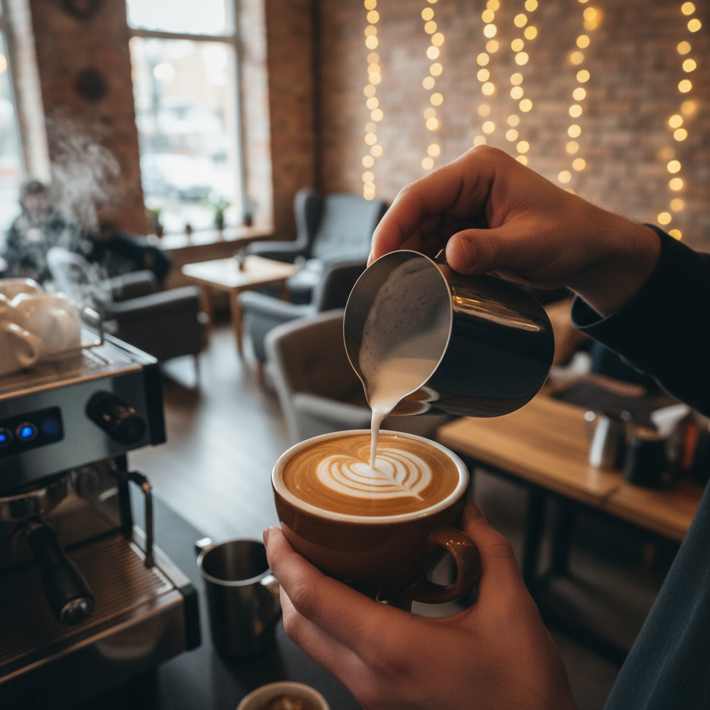 “Seorang barista menuang latte art berbentuk hati di cangkir kopi. Gaya realistik, kamera POV, suasana kafe cozy dengan suara mesin espresso dan obrolan samar di latar belakang.”