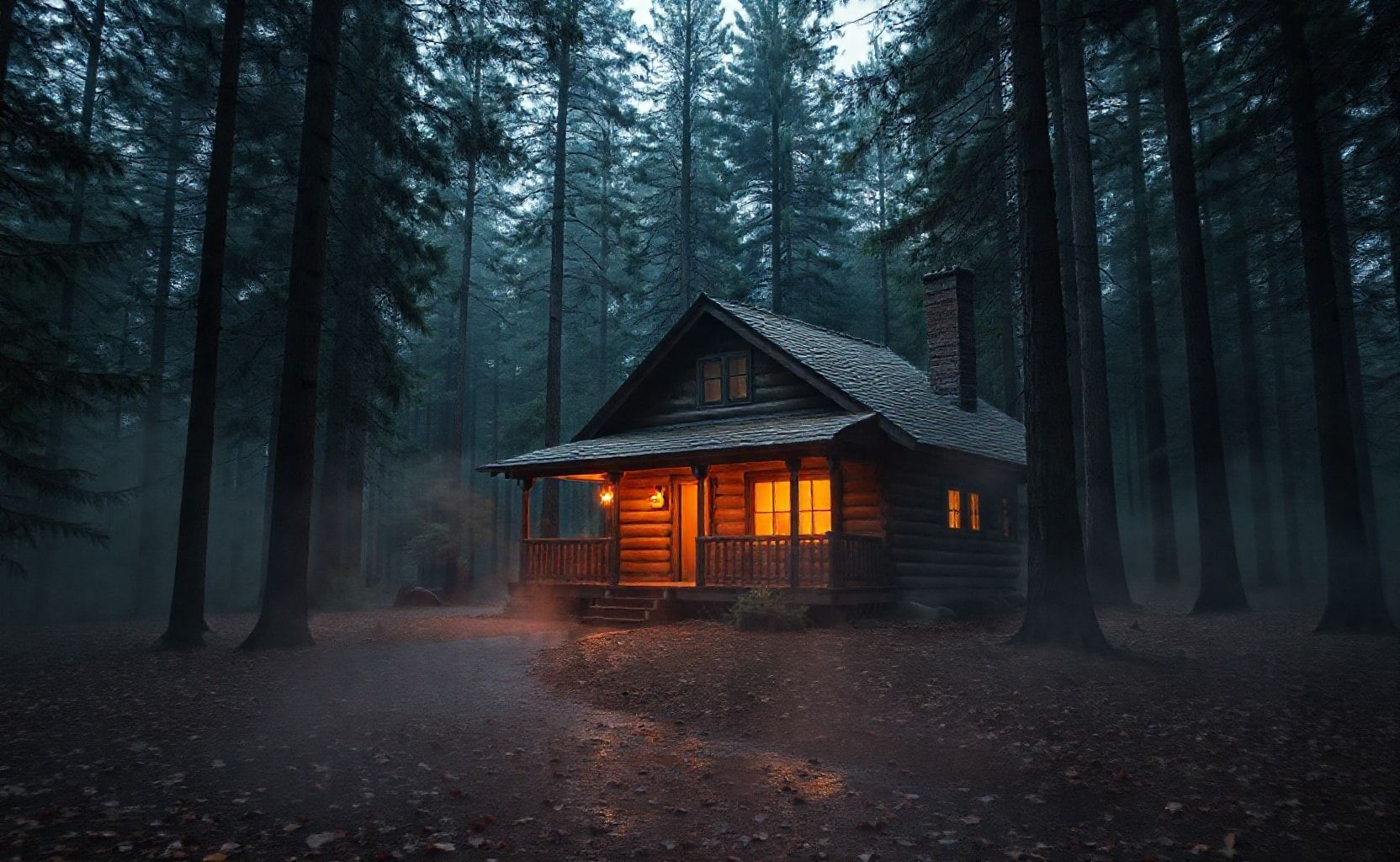 A cozy wooden cabin in the middle of a dense forest during twilight, surrounded by tall pine trees. Warm glowing lights shine from the windows and reflect beautifully on a wet ground after rain. Mist and fog fill the background, creating a mysterious and tranquil atmosphere. Cinematic photography, ultra-realistic, high detail, 16:9 aspect ratio, 8k resolution, dramatic lighting, peaceful and atmospheric mood.