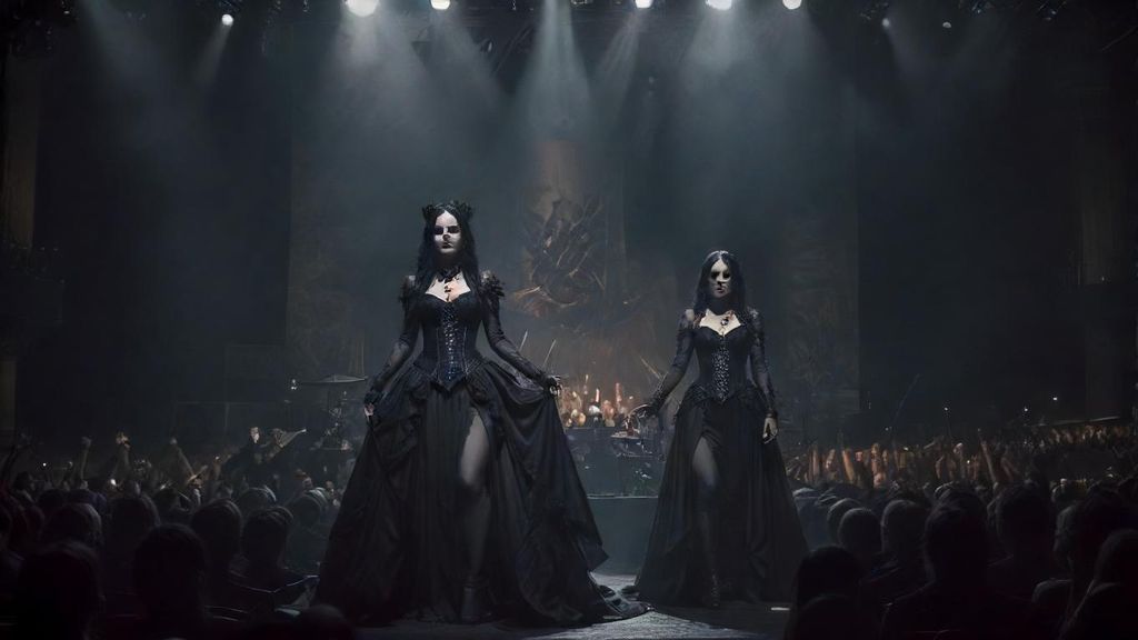 Epic gothic symphonic metal concert stage, grand atmosphere. Behind the female vocalist in a black gothic dress, add a full symphonic metal band with electric guitars, bass, and drums, plus a majestic live orchestra with violins, cellos, brass, and choir. Epic stage lighting: blue, silver, and golden beams sweeping dramatically. Smoke and mist on stage, glowing particles drifting in the air, seamless looping motion of lights and fabrics. Cinematic, majestic, dark yet inspiring, like a Nightwish concert with Tarja Turunen.