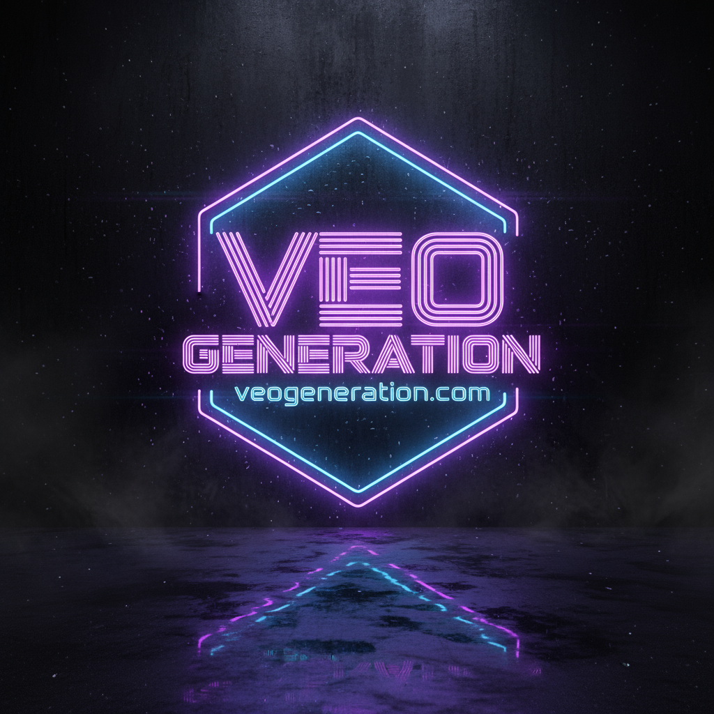 A stunning neon logo design with glowing purple and blue colors, futuristic cyberpunk style. The text "VEO GENERATION" in bold, modern typography, illuminated like a neon sign on a dark background. Add subtle neon reflections and glow effects for depth. Place the website URL veogeneration.com below in a smaller, clean, glowing font, matching the purple-blue neon theme. The overall look should be sleek, modern, and very eye-catching.