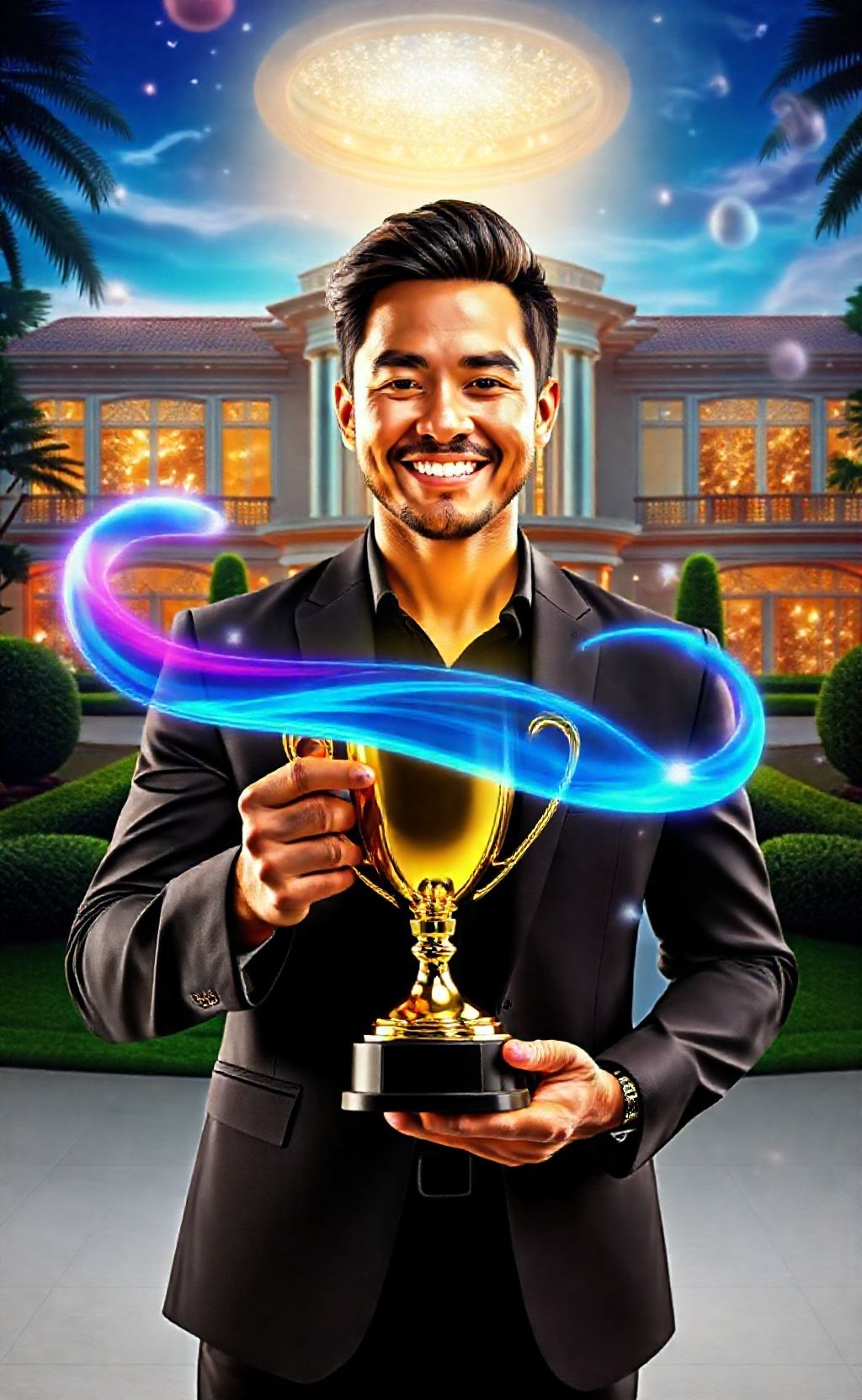 Create an portrait wallpaper about a success such as bringing home a trophy, having a luxurious house, having a magnificent house, working hard to be successful, and so on.. Modern and contemporary, any color, and a variety of variations. Include an attractive 3D element that won't bore users.