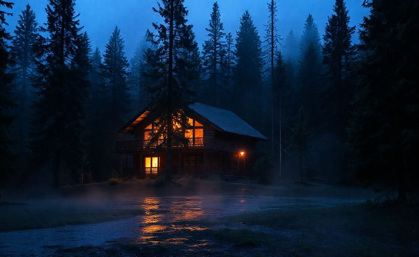 A cozy wooden cabin in the middle of a dense forest during twilight, surrounded by tall pine trees. Warm glowing lights shine from the windows and reflect beautifully on a wet ground after rain. Mist and fog fill the background, creating a mysterious and tranquil atmosphere. Cinematic photography, ultra-realistic, high detail, 16:9 aspect ratio, 8k resolution, dramatic lighting, peaceful and atmospheric mood.