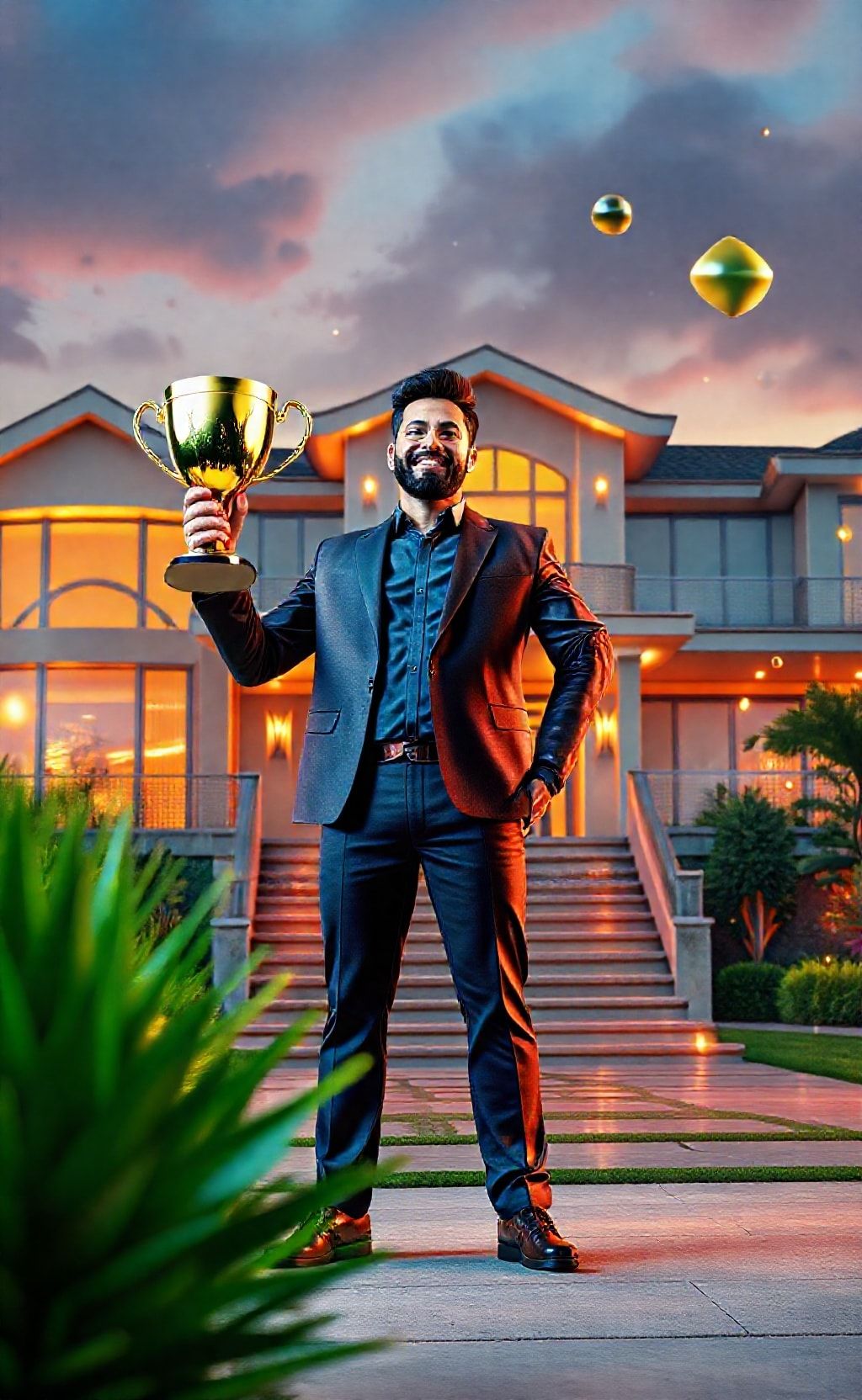 Create an portrait wallpaper about a success such as bringing home a trophy, having a luxurious house, having a magnificent house, working hard to be successful, and so on.. Modern and contemporary, any color, and a variety of variations. Include an attractive 3D element that won't bore users.