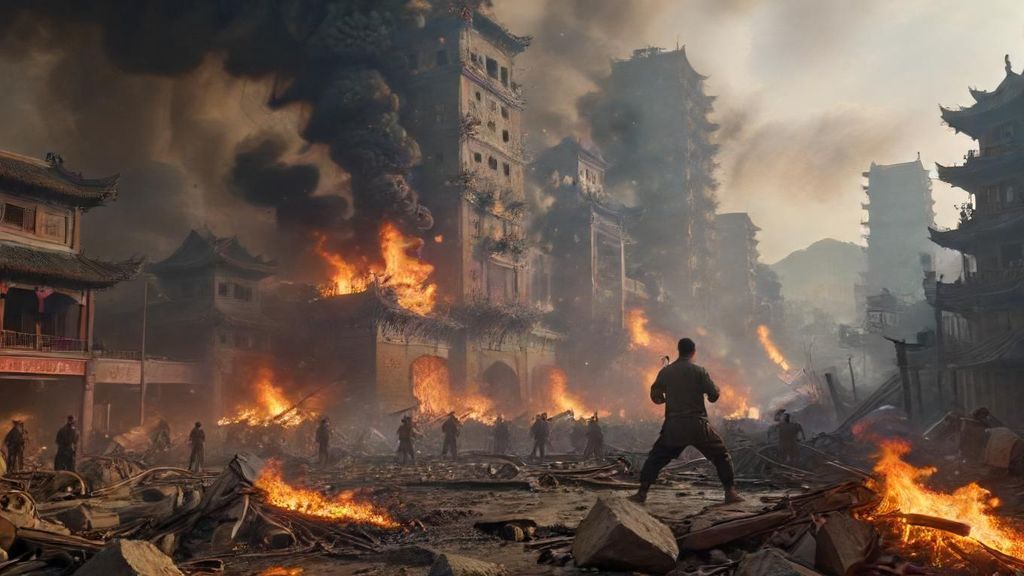 A city is destroyed, a reference to a city in a Chinese kung fu film, with fires raging everywhere. People are panicking and fleeing.