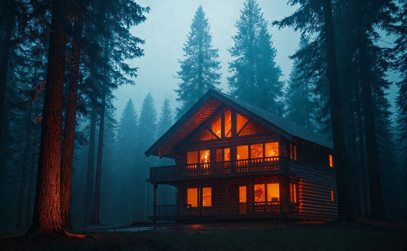 A cozy wooden cabin in a dense pine forest at twilight. Warm golden lights glow through the windows, illuminating the misty surroundings. Tall pine trees cast dramatic shadows in the foggy blue atmosphere. The ground is wet from rain, reflecting the orange cabin glow. Ultra-detailed wood textures, cinematic lighting, hyper-realistic, 8K photorealism, atmospheric, moody, professional photography style.