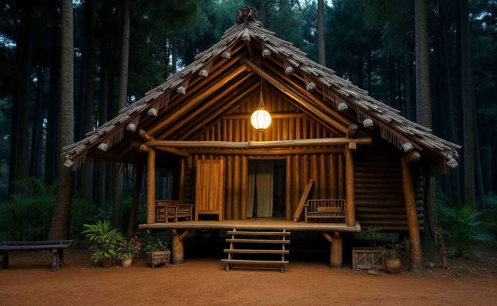 Sebuah kabin kayu tradisional di tengah hutan pinus yang lebat saat senja. Lampu hangat berwarna kuning keemasan bersinar dari jendela, kontras dengan kabut biru dingin yang melayang di antara pepohonan tinggi. Tanah basah berkilau karena hujan, memantulkan cahaya dari kabin. Tekstur kayu sangat detail, pencahayaan sinematik, ultra realistis, hyper-detailed, kualitas 8K, atmosfer misterius dan tenang, gaya foto profesional.