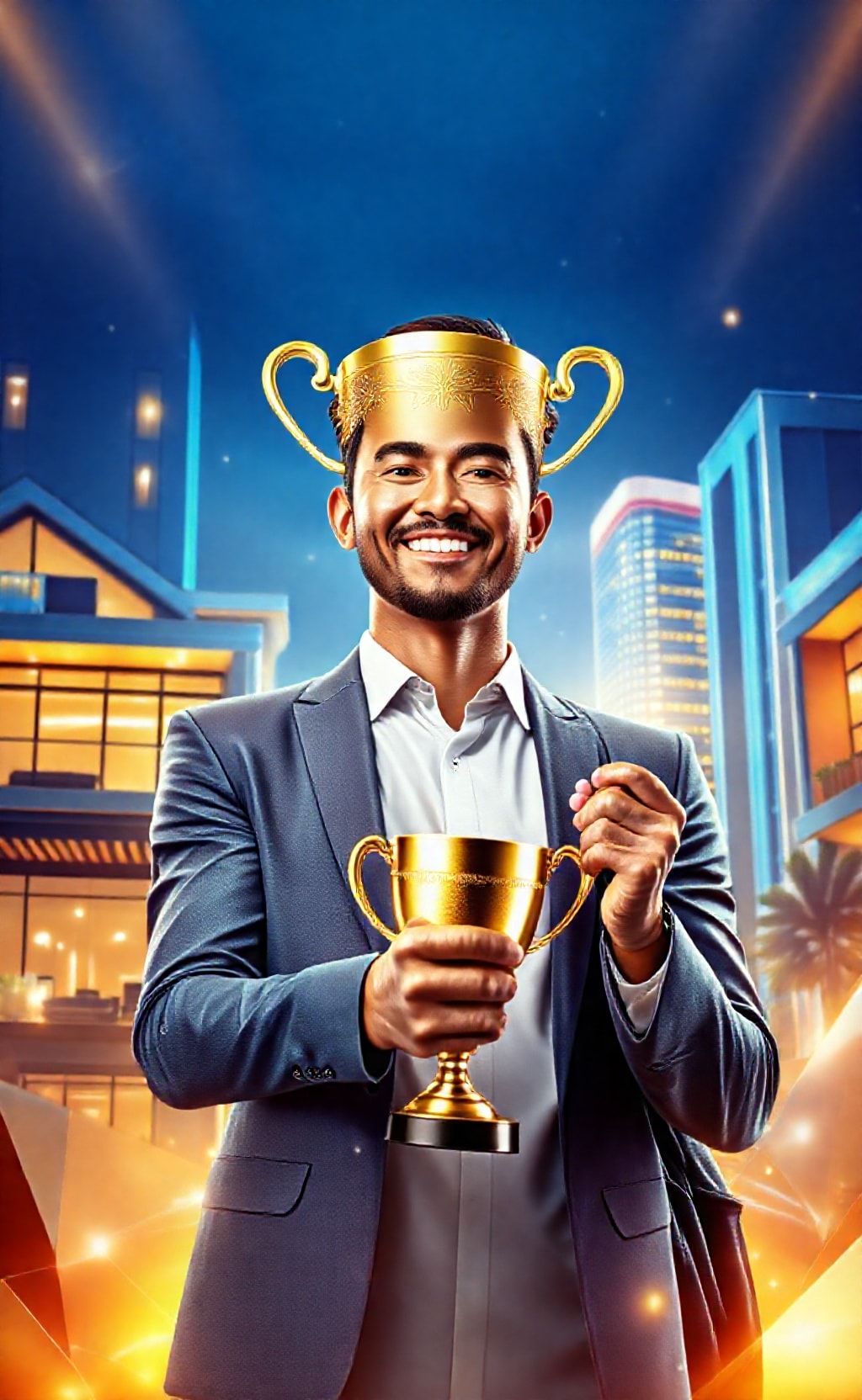 Create an portrait wallpaper about a success such as bringing home a trophy, having a luxurious house, having a magnificent house, working hard to be successful, and so on.. Modern and contemporary, any color, and a variety of variations. Include an attractive 3D element that won't bore users.