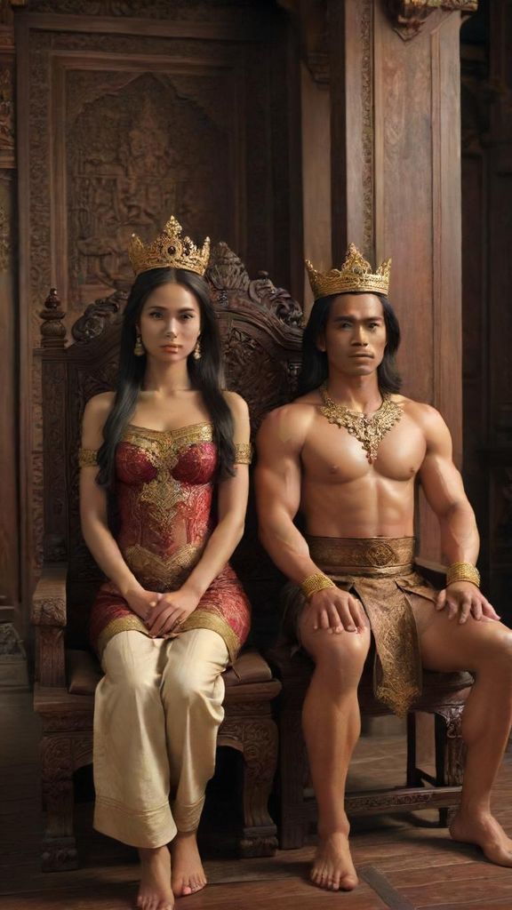 A realistic 9:16 format, a simple wooden palace scene in the style of ancient Indonesian architecture. A 50-year-old king with a handsome Indonesian face and muscular body and long hair sits on a chair with his wife, a very beautiful young Indonesian woman, 22 years old and weighing 50 kilograms. She has a very cute and adorable V-shaped face, naturally fair skin, long black hair flowing with a silvery sheen, and large breasts. Two girls and a 7-year-old boy stand beside her. The people celebrate, the flag or royal symbol flutters, and the afternoon sun is golden. Photorealistic, cinematic lighting,
DSLR photo, 8k, RAW detail,
realistic skin texture, pores, detailed eyes,
natural expression, symmetrical face,
shallow depth of field, bokeh background,
shot with Canon EOS R5, ultra-detailed.