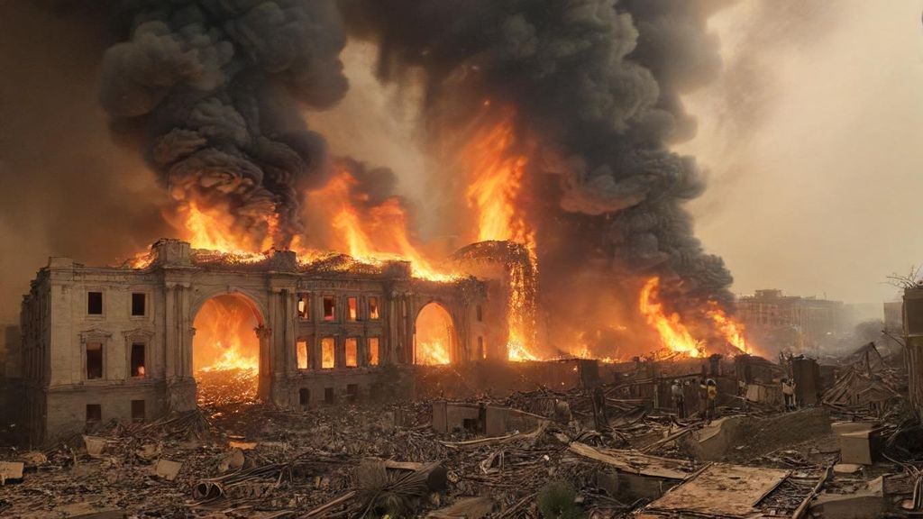 A city was in ruins, fires blazing everywhere. People were fleeing in panic.