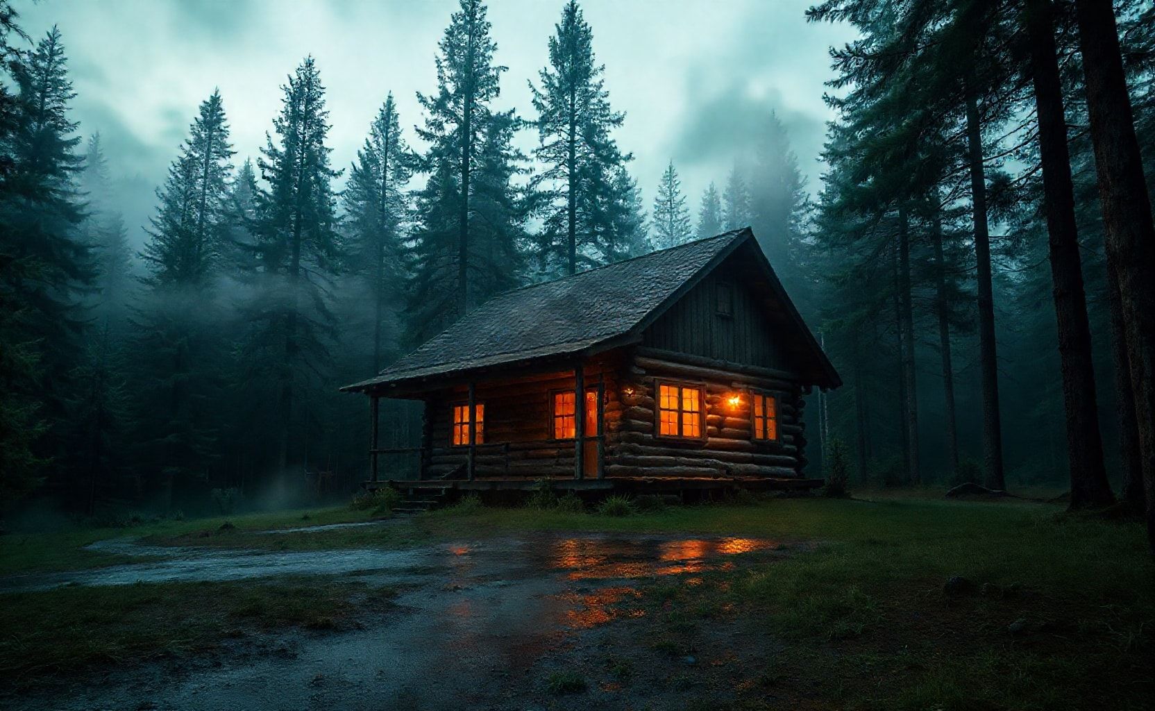 A cozy wooden cabin in the middle of a dense forest during twilight, surrounded by tall pine trees. Warm glowing lights shine from the windows and reflect beautifully on a wet ground after rain. Mist and fog fill the background, creating a mysterious and tranquil atmosphere. Cinematic photography, ultra-realistic, high detail, 16:9 aspect ratio, 8k resolution, dramatic lighting, peaceful and atmospheric mood.