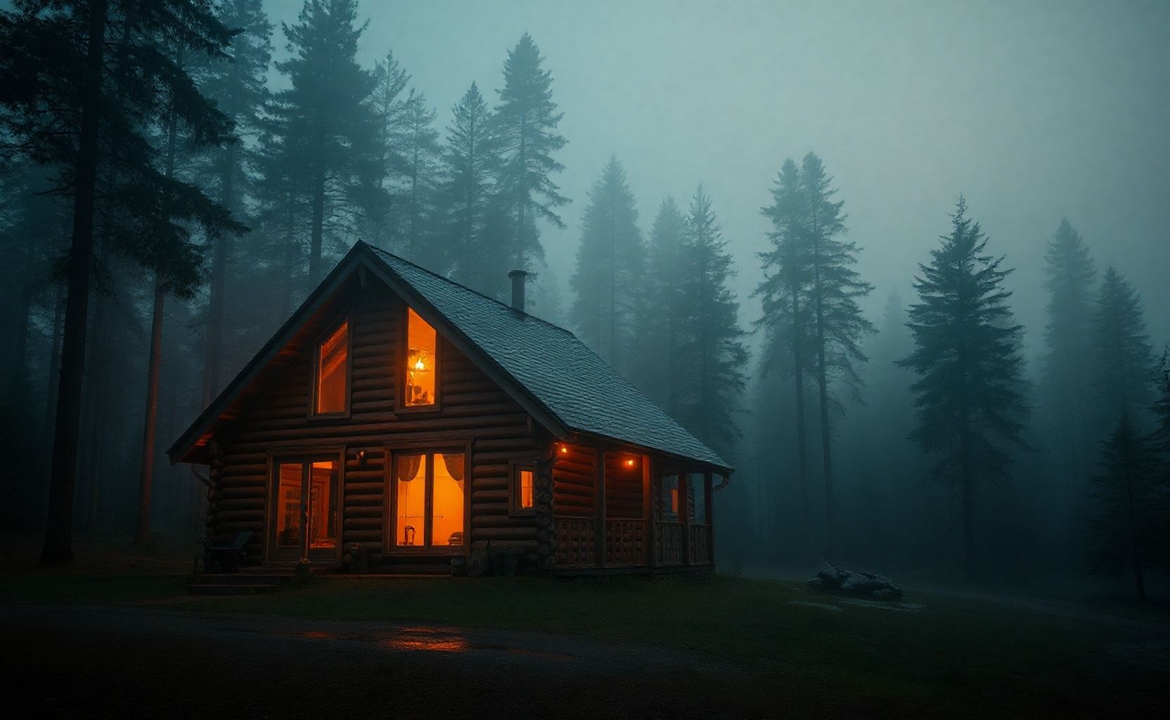 A cozy wooden cabin in a dense pine forest at twilight. Warm golden lights glow through the windows, illuminating the misty surroundings. Tall pine trees cast dramatic shadows in the foggy blue atmosphere. The ground is wet from rain, reflecting the orange cabin glow. Ultra-detailed wood textures, cinematic lighting, hyper-realistic, 8K photorealism, atmospheric, moody, professional photography style.