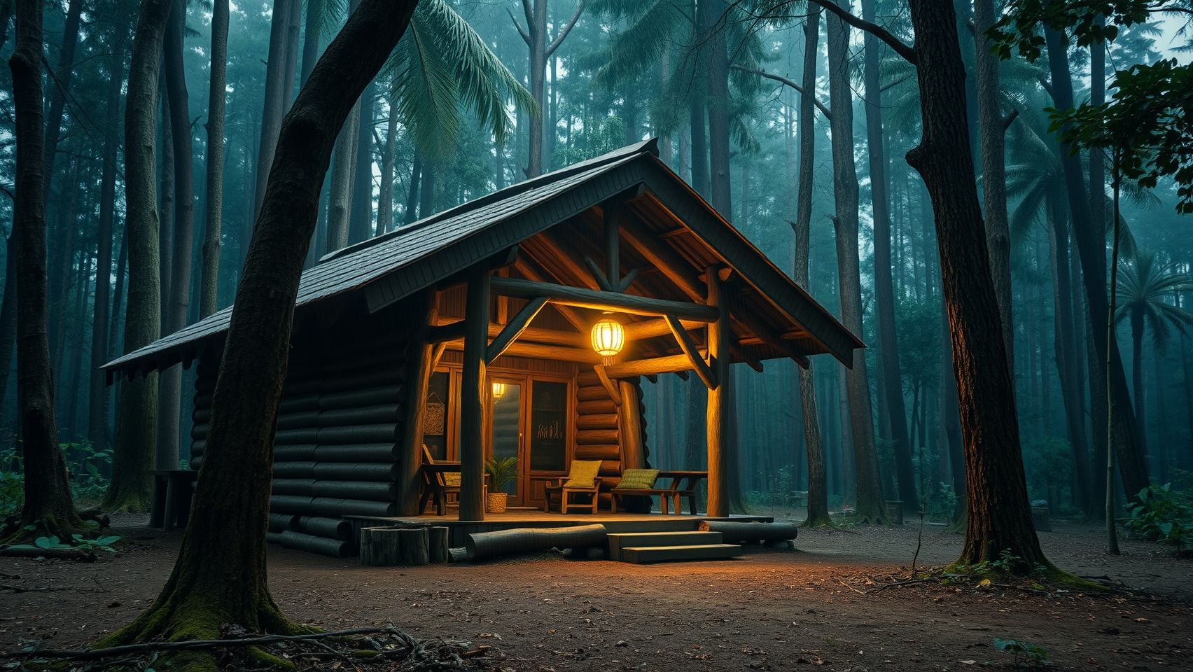 Sebuah kabin kayu tradisional di tengah hutan pinus yang lebat saat senja. Lampu hangat berwarna kuning keemasan bersinar dari jendela, kontras dengan kabut biru dingin yang melayang di antara pepohonan tinggi. Tanah basah berkilau karena hujan, memantulkan cahaya dari kabin. Tekstur kayu sangat detail, pencahayaan sinematik, ultra realistis, hyper-detailed, kualitas 8K, atmosfer misterius dan tenang, gaya foto profesional.