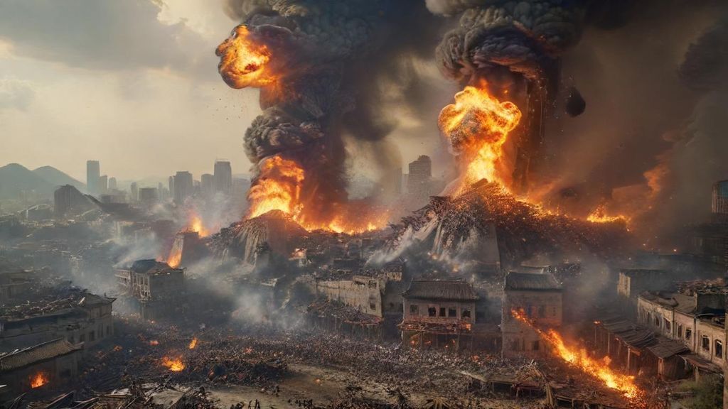 A city is destroyed, a reference to a city in a Chinese kung fu film, with fires raging everywhere. People are panicking and fleeing.