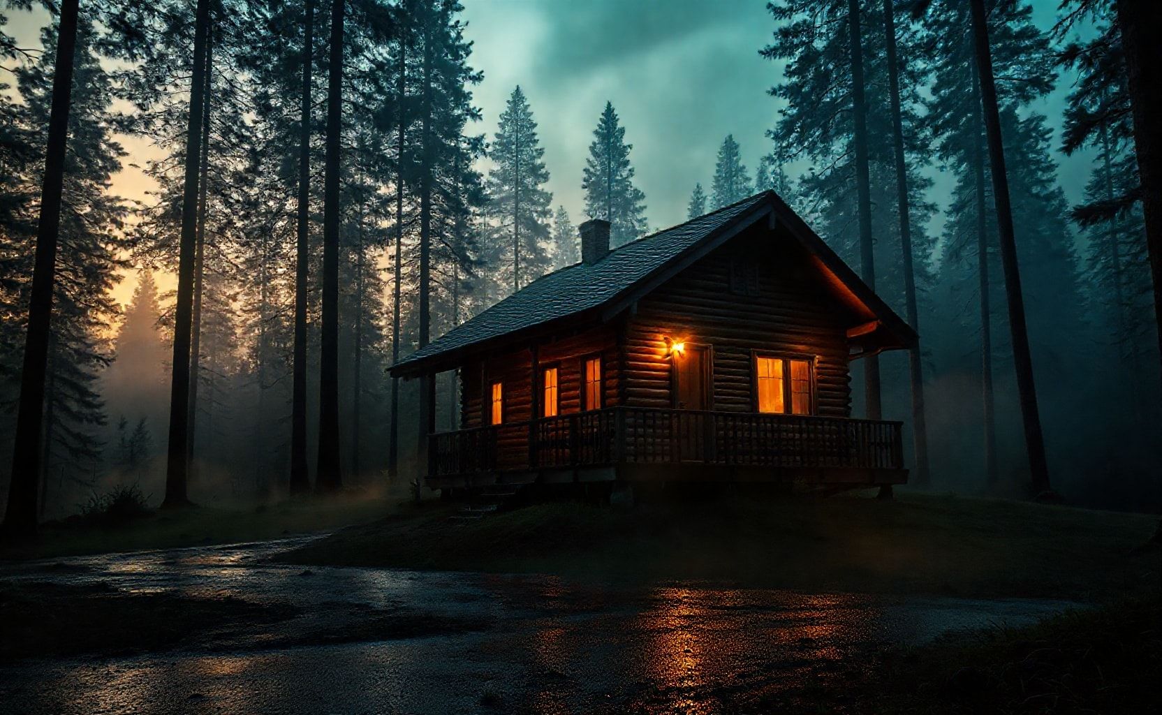 A cozy wooden cabin in the middle of a dense forest during twilight, surrounded by tall pine trees. Warm glowing lights shine from the windows and reflect beautifully on a wet ground after rain. Mist and fog fill the background, creating a mysterious and tranquil atmosphere. Cinematic photography, ultra-realistic, high detail, 16:9 aspect ratio, 8k resolution, dramatic lighting, peaceful and atmospheric mood.