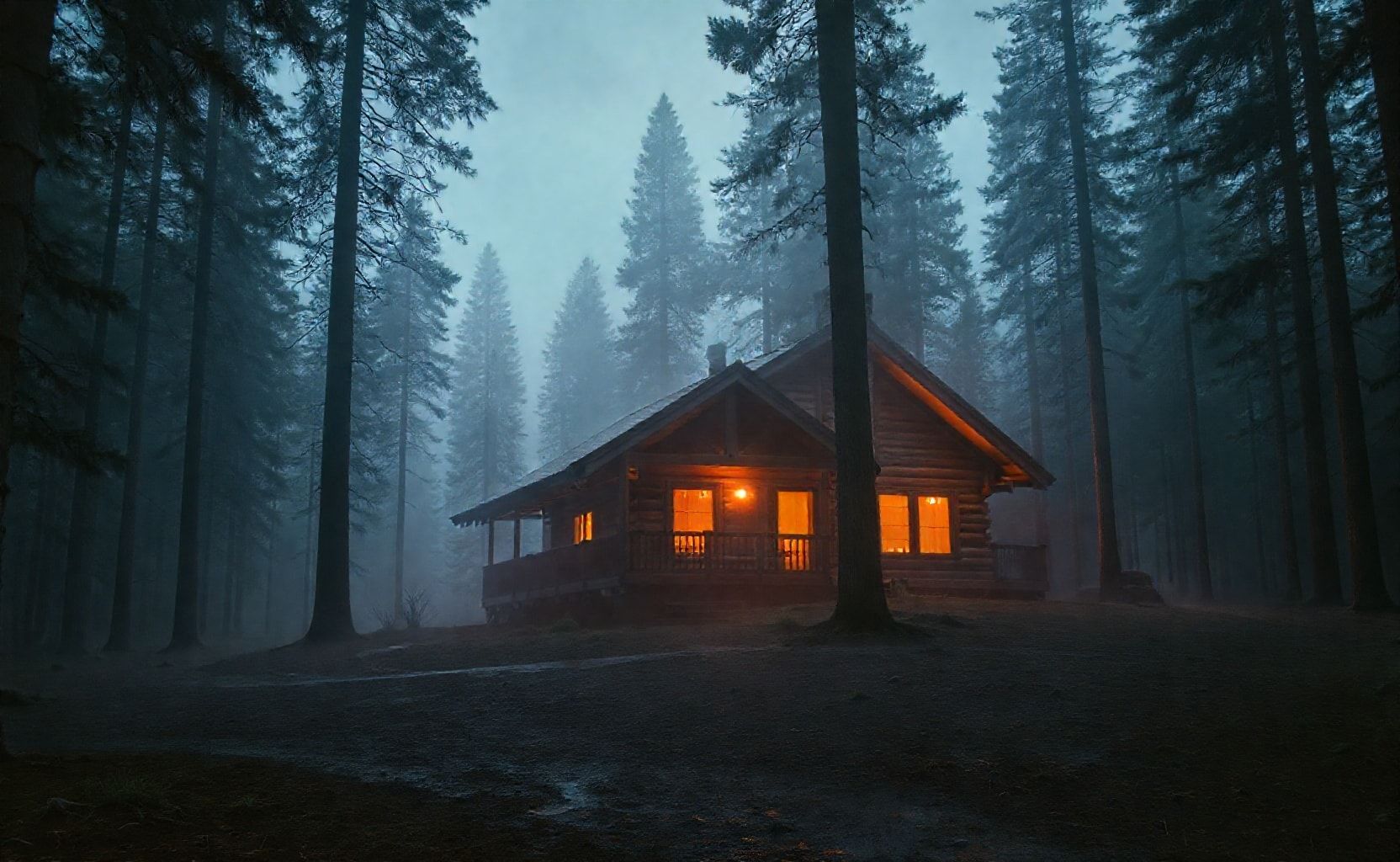 A cozy wooden cabin in the middle of a dense forest during twilight, surrounded by tall pine trees. Warm glowing lights shine from the windows and reflect beautifully on a wet ground after rain. Mist and fog fill the background, creating a mysterious and tranquil atmosphere. Cinematic photography, ultra-realistic, high detail, 16:9 aspect ratio, 8k resolution, dramatic lighting, peaceful and atmospheric mood.