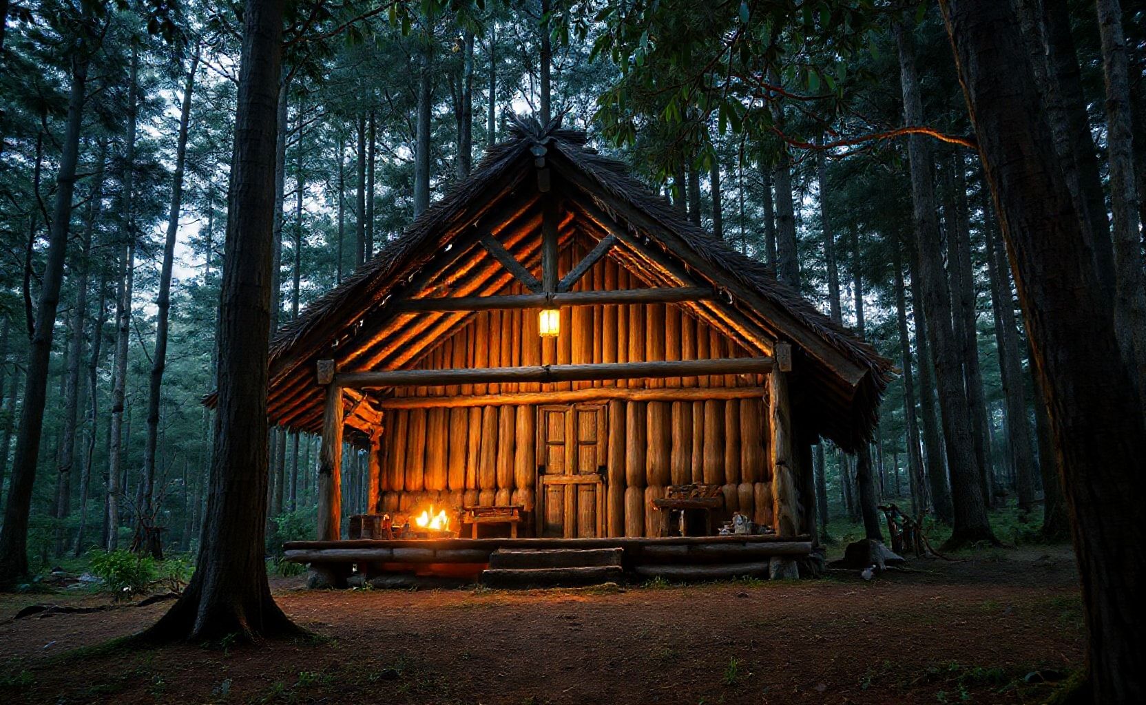 Sebuah kabin kayu tradisional di tengah hutan pinus yang lebat saat senja. Lampu hangat berwarna kuning keemasan bersinar dari jendela, kontras dengan kabut biru dingin yang melayang di antara pepohonan tinggi. Tanah basah berkilau karena hujan, memantulkan cahaya dari kabin. Tekstur kayu sangat detail, pencahayaan sinematik, ultra realistis, hyper-detailed, kualitas 8K, atmosfer misterius dan tenang, gaya foto profesional.