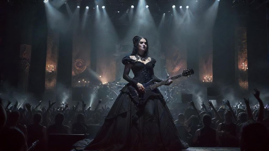 Epic gothic symphonic metal concert stage, grand atmosphere. Behind the female vocalist in a black gothic dress, add a full symphonic metal band with electric guitars, bass, and drums, plus a majestic live orchestra with violins, cellos, brass, and choir. Epic stage lighting: blue, silver, and golden beams sweeping dramatically. Smoke and mist on stage, glowing particles drifting in the air, seamless looping motion of lights and fabrics. Cinematic, majestic, dark yet inspiring, like a Nightwish concert with Tarja Turunen.
