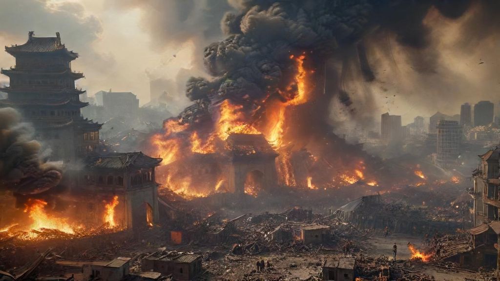 A city is destroyed, a reference to a city in a Chinese kung fu film, with fires raging everywhere. People are panicking and fleeing.